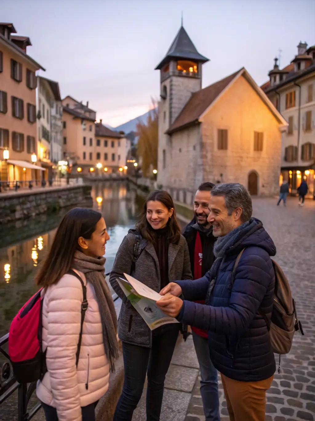 A scenic view of a guided walking tour through the historical landmarks of Chaux, led by a knowledgeable local historian. The image should capture the beauty of the village and the educational aspect of the tour.