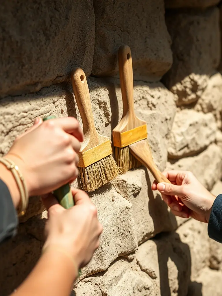 A photograph of volunteers cleaning and restoring an old stone wall as part of a heritage preservation workshop in Chaux. The image should convey community involvement and the hands-on nature of the event.