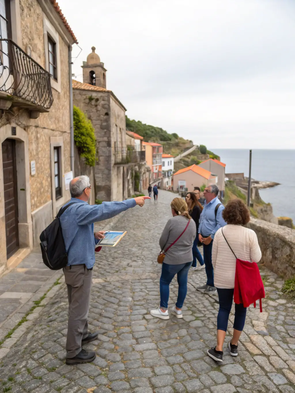 An image of a guided tour through the historic streets of Chaux, with participants listening attentively to the guide.