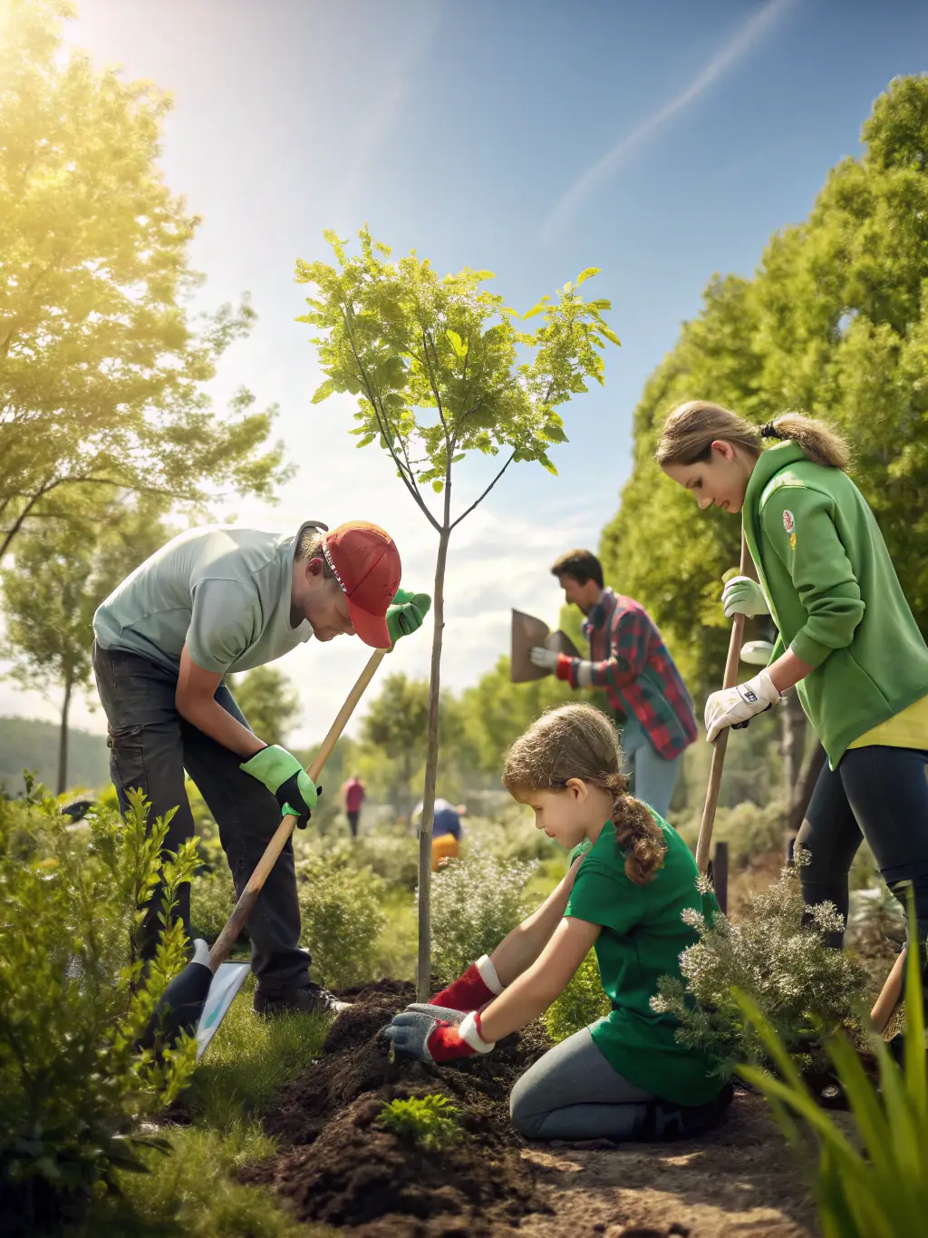 Volunteers planting native trees in a deforested area of Chaux, illustrating the organization's commitment to environmental conservation. The image should be vibrant and show community involvement.