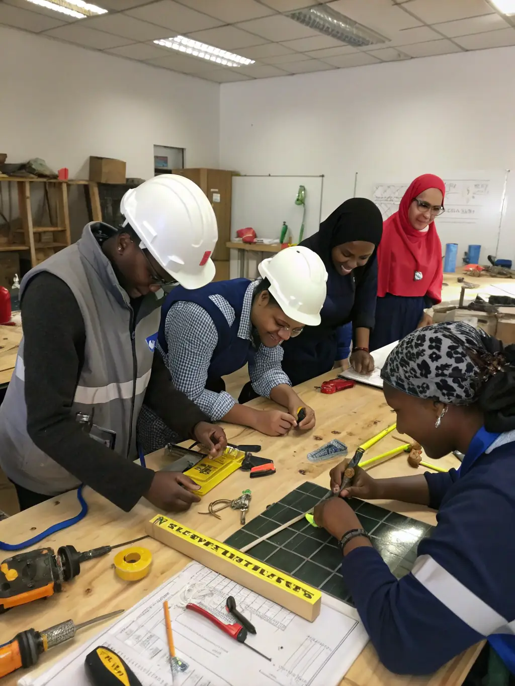 A picture of a workshop where participants are learning about traditional building techniques, such as timber framing or thatching.