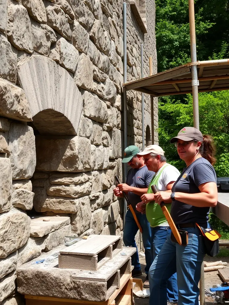 A photograph of volunteers working on the restoration of a stone wall, part of a historic building in Chaux, with traditional tools and materials.